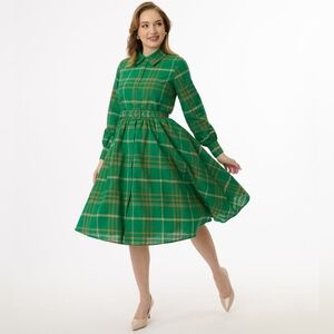 Green Plaid Belted Cotton Shirt Dress